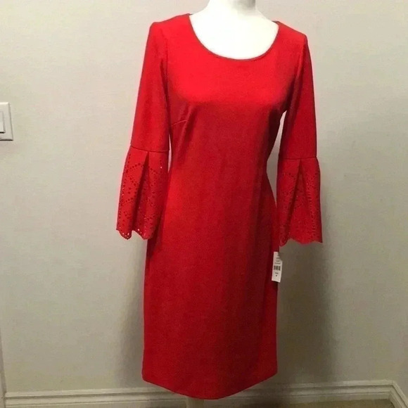 GLAMOUR Poppy Colored Dress w/Bell Sleeves-6 - Picture 1 of 7